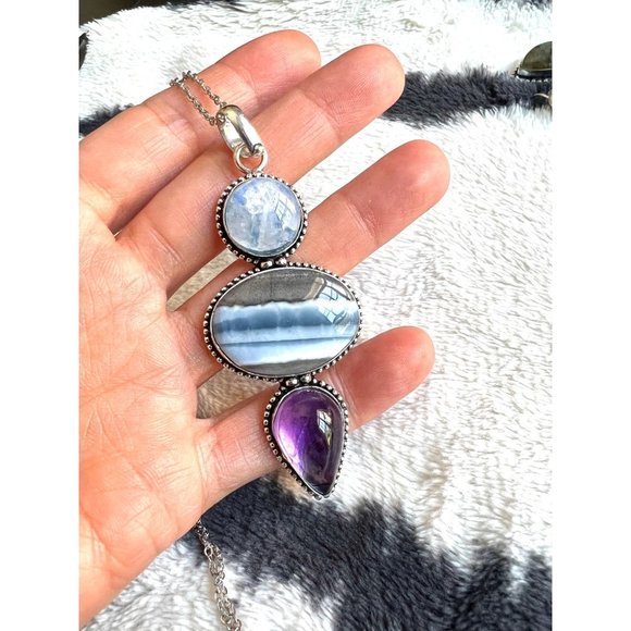 Handmade Jewelry - 925 Stunning! Moonstone + Owyhee Opal + Amethyst Necklace